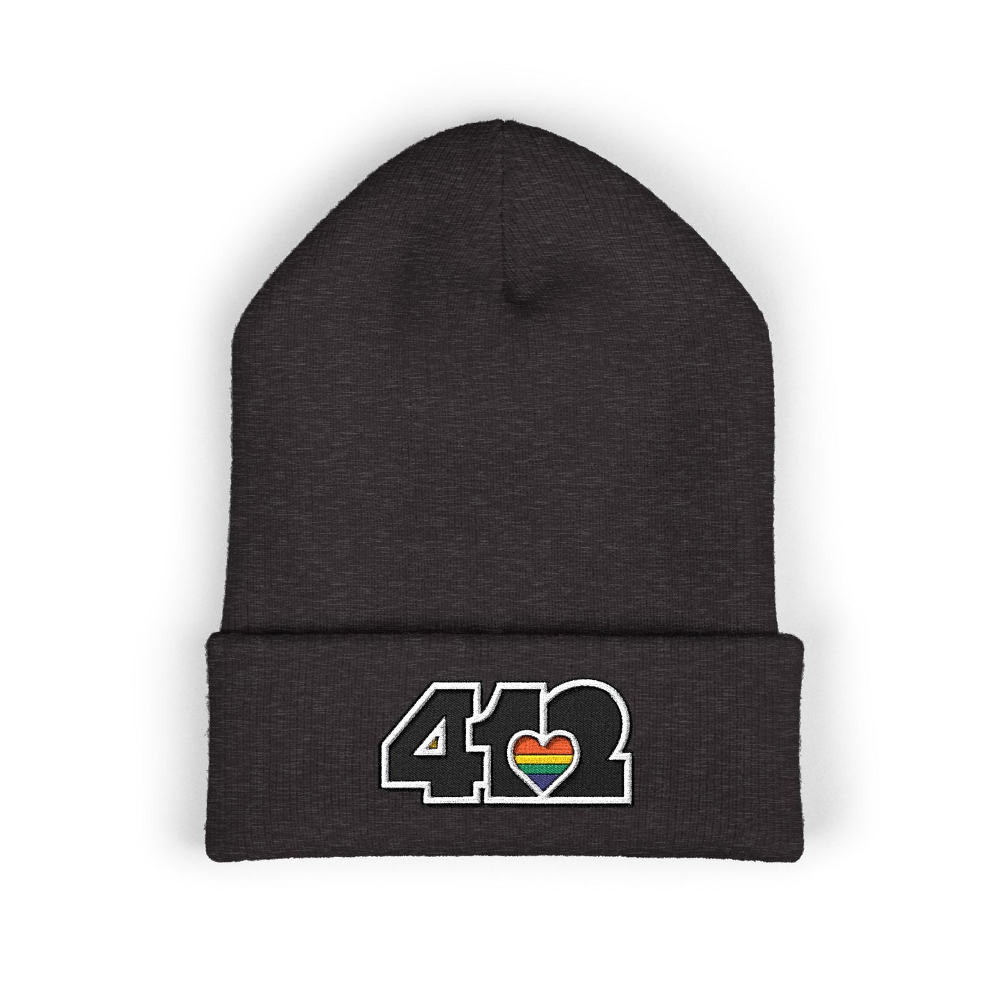 Dark Grey 412 Skull Crown beanie with rainbow heart and black embroidery logo. Pittsburgh made fashion blending Three Rivers energy, and Yinzer grit.