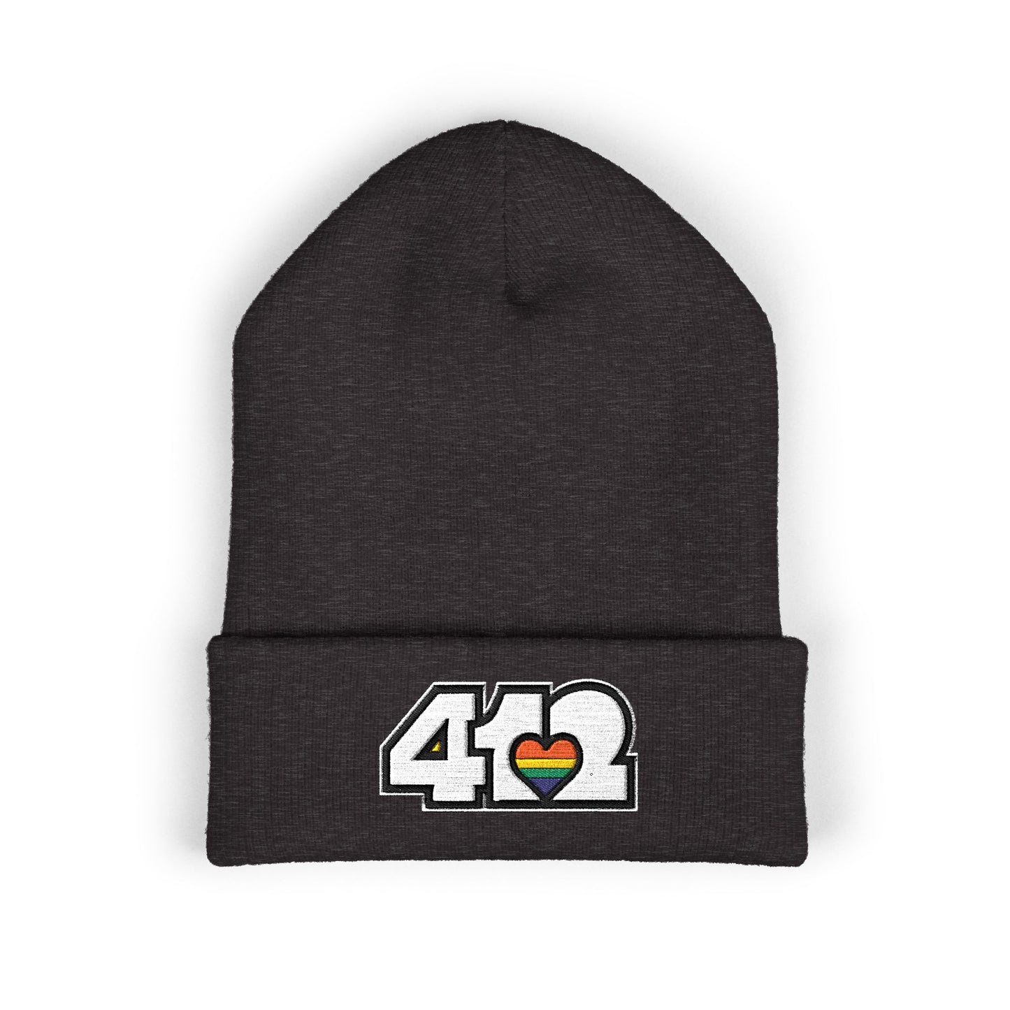 Dark Grey 412 Skull Crown beanie with rainbow heart and white embroidery logo. Pittsburgh made fashion blending Three Rivers energy, and Yinzer grit.