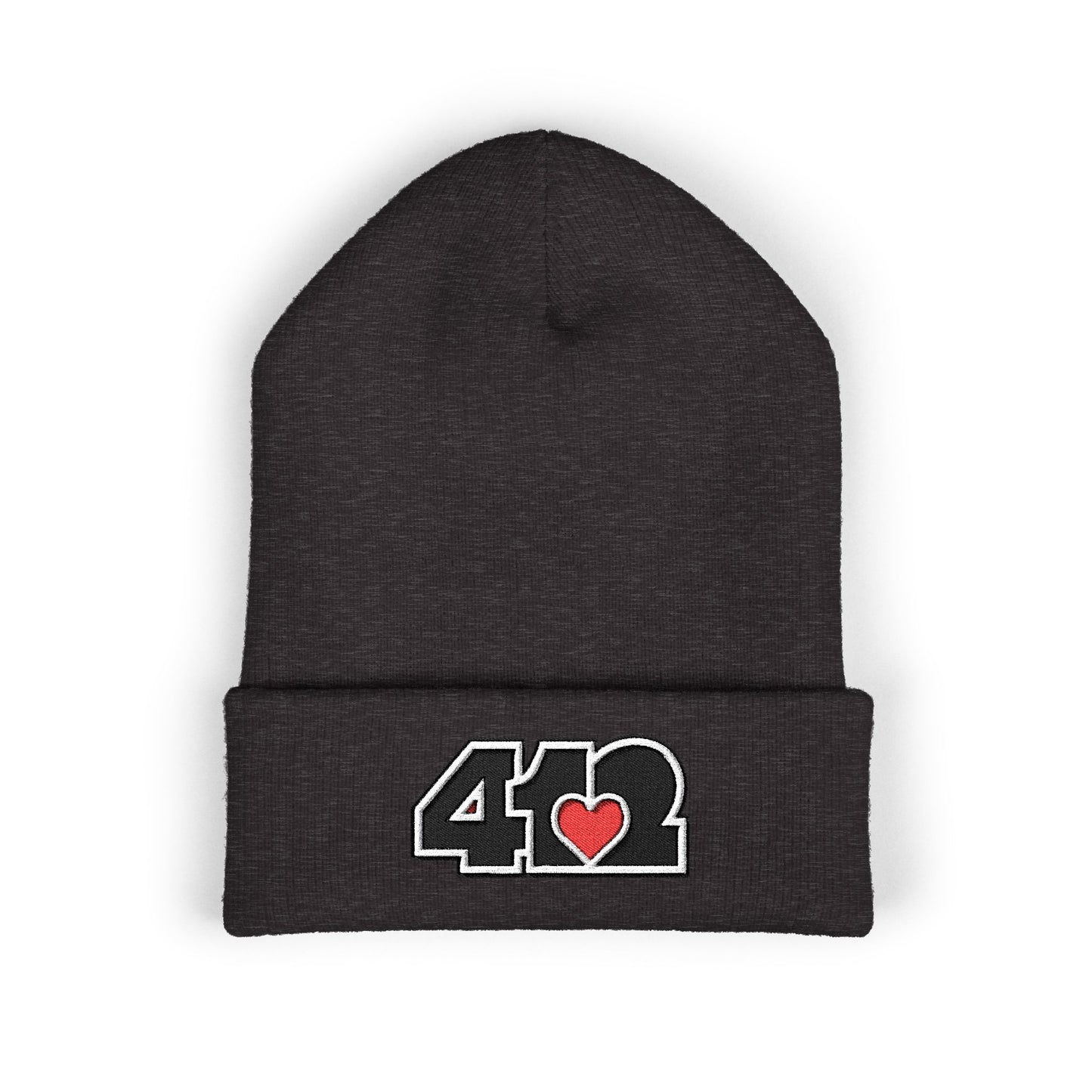 Dark Grey 412 Skull Crown beanie with black embroidered logo and red heart patch, blending Pittsburgh grit with royal symbolism.