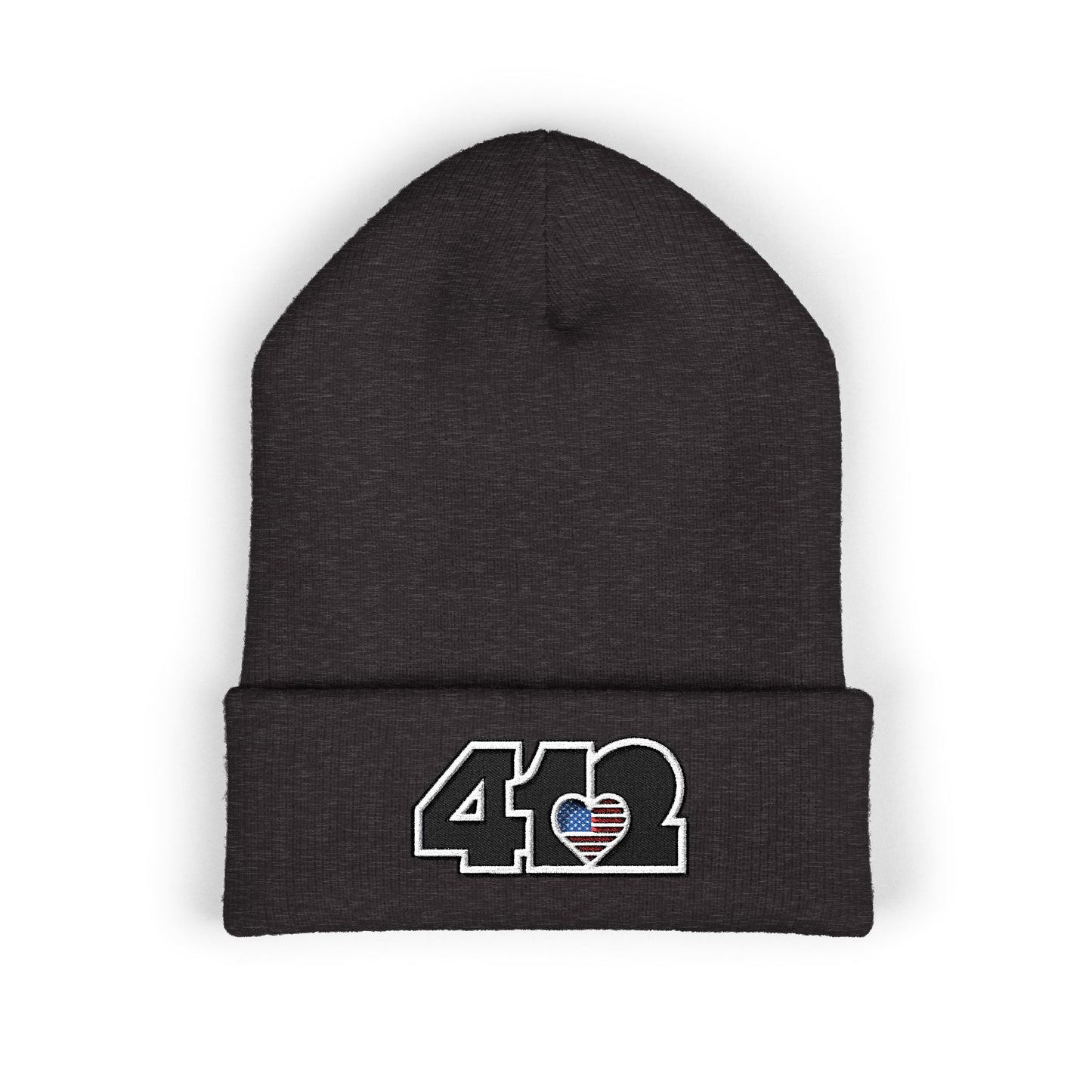 Dark Grey 412 Skull Crown beanie with Stars & Stripes embroidered heart and black logo, channeling Pittsburgh streetwear with regal edge and radiant contrast.