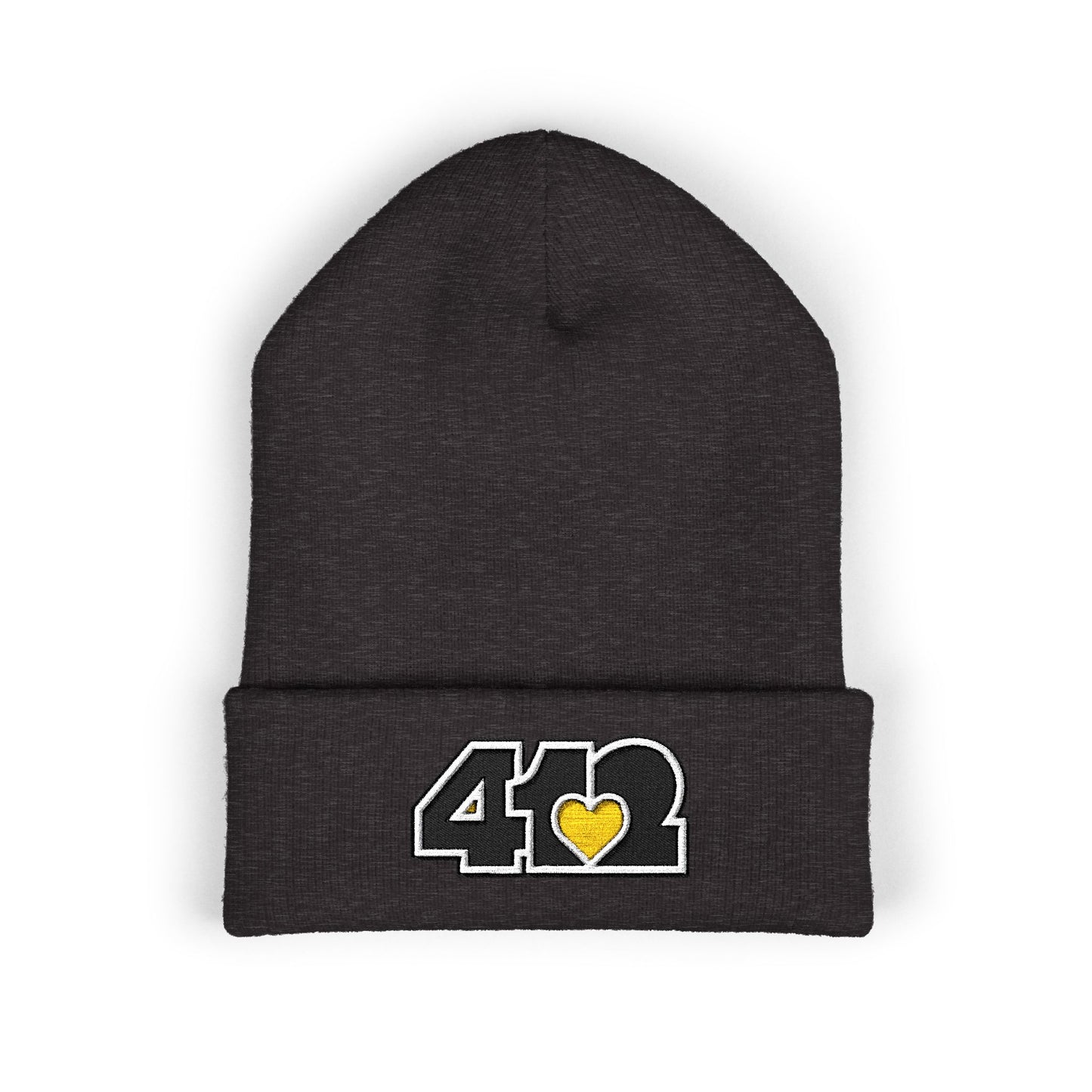 Dark Grey 412 Skull Crown beanie with yellow embroidered heart and black logo, channeling Pittsburgh streetwear with regal edge and radiant contrast.