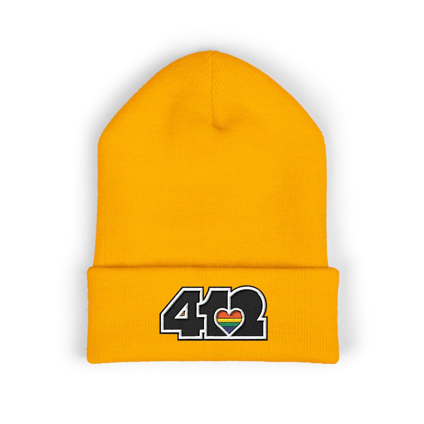 Gold 412 Skull Crown beanie with rainbow heart and black embroidery logo. Pittsburgh made fashion blending Three Rivers energy, and Yinzer grit.
