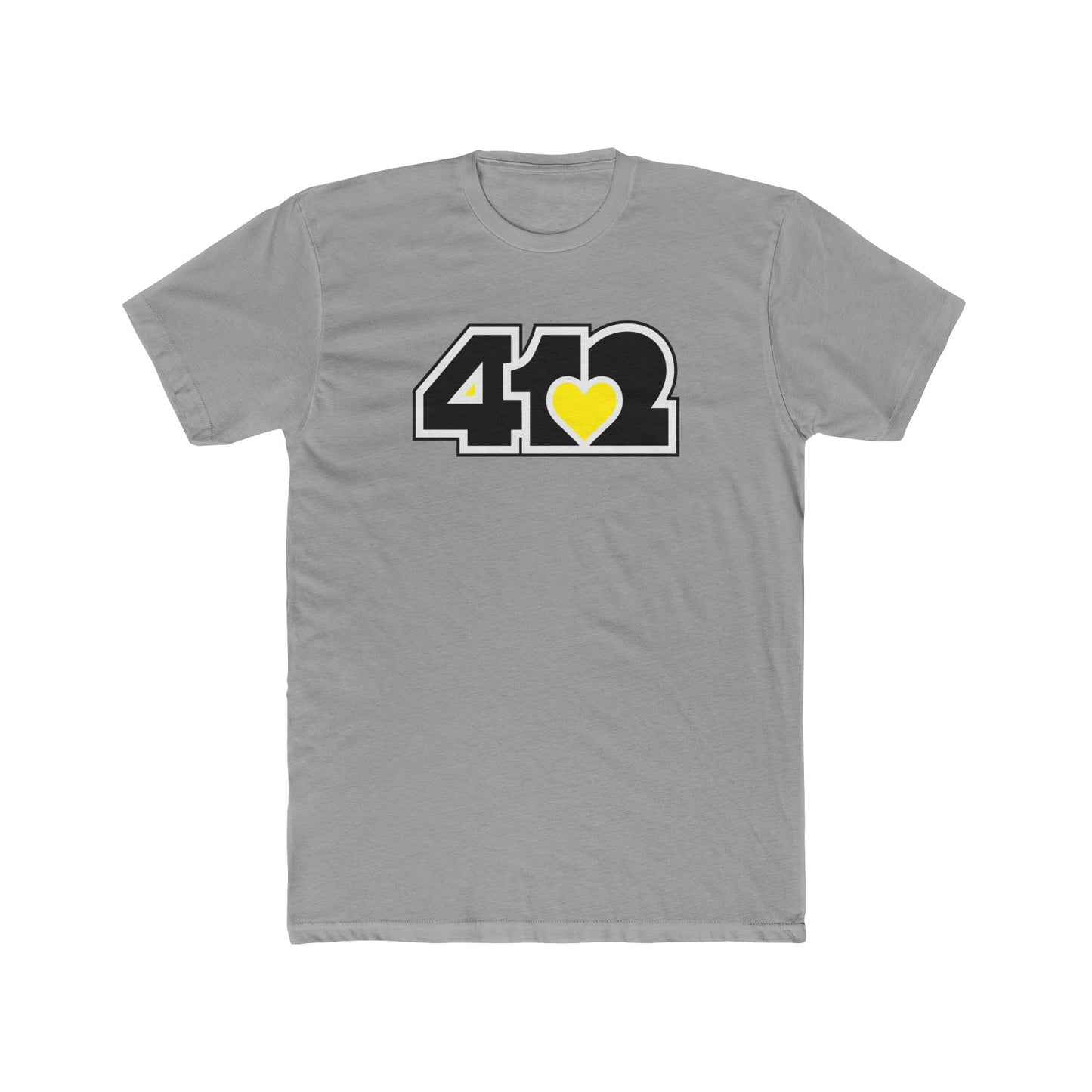Grey contoured yellow heart tee with black 412 logo – Pittsburgh-inspired apparel for soulful expression.