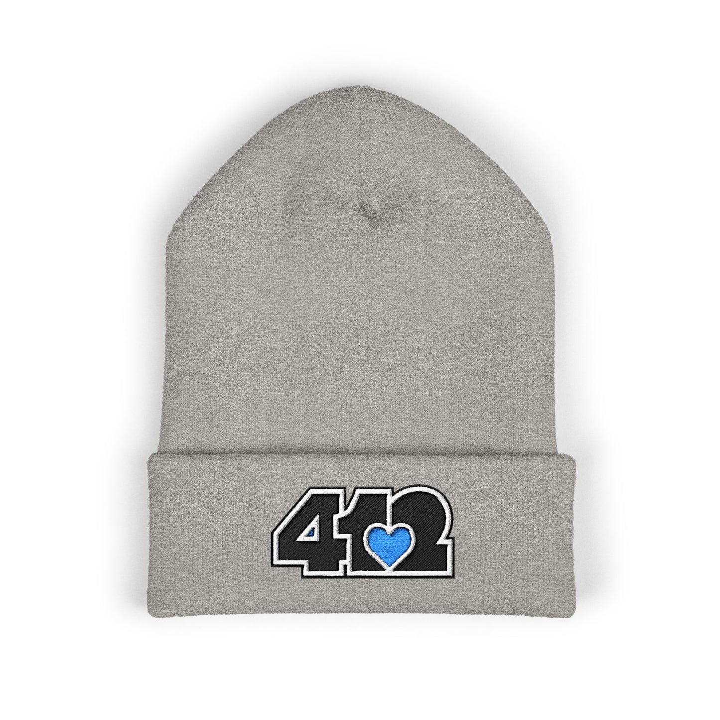Heather Grey 412 Skull Crown beanie featuring black embroidered logo and blue heart patch — bold Pittsburgh streetwear with royal edge and cool-toned resilience.