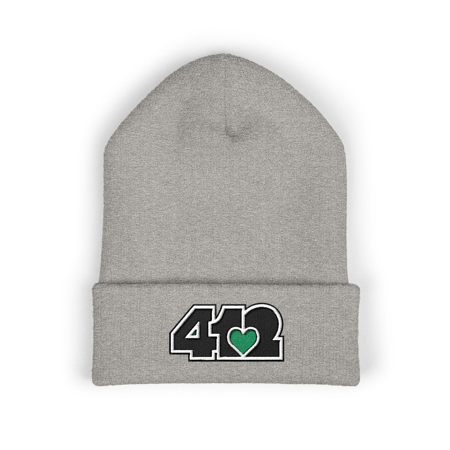 Heather Grey 412 Skull Crown beanie with green heart embroidery and black logo. Pittsburgh-born streetwear merging Yinzer energy, and bold urban style.
