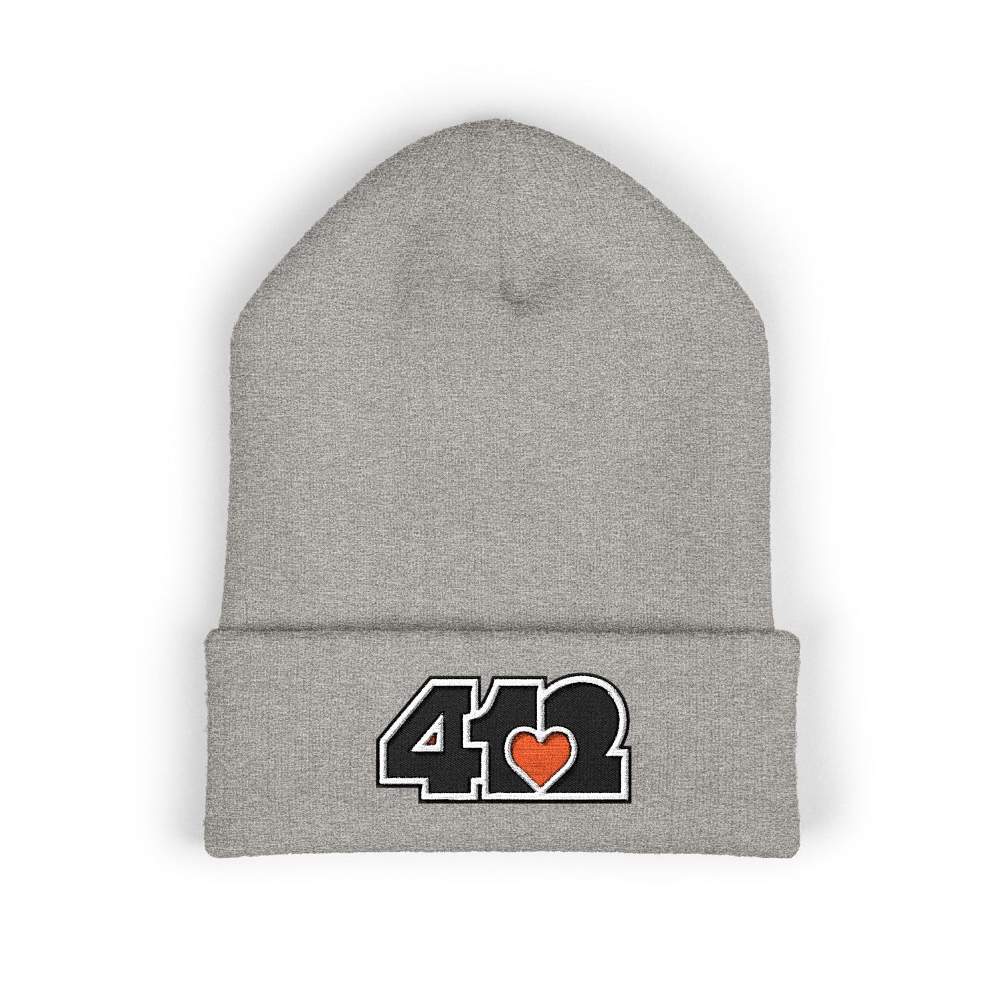 Heather Grey 412 Skull Crown beanie with black embroidered logo and orange heart patch, channeling Pittsburgh streetwear royalty and Steel City pride.