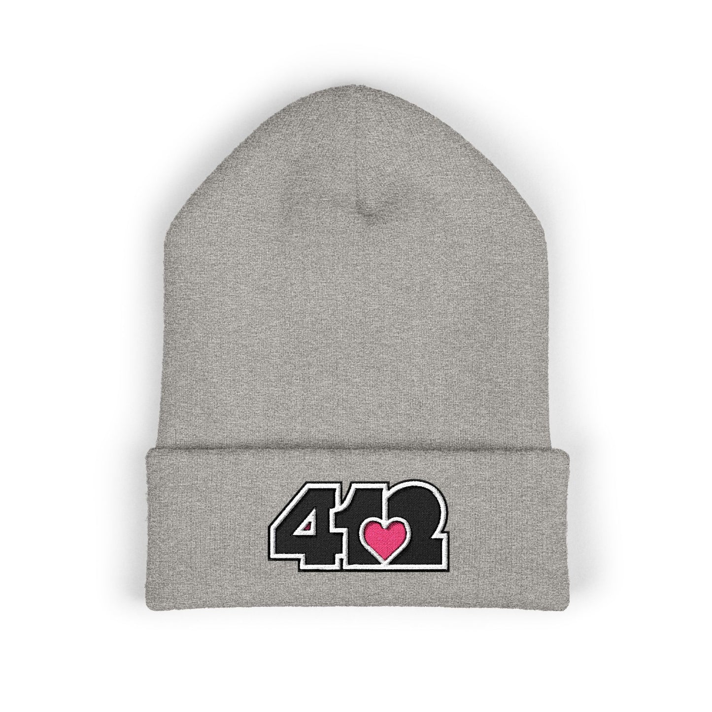 Heather Grey 412 Skull Crown beanie with black embroidered logo and pink heart patch. Pittsburgh made fashion blending Three Rivers energy, and urban grit.