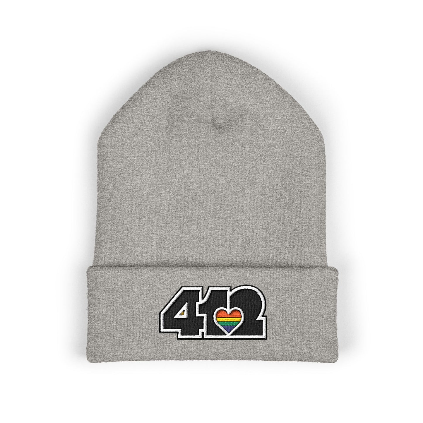 Heather Grey 412 Skull Crown beanie with rainbow heart and black embroidery logo. Pittsburgh made fashion blending Three Rivers energy, and Yinzer grit.