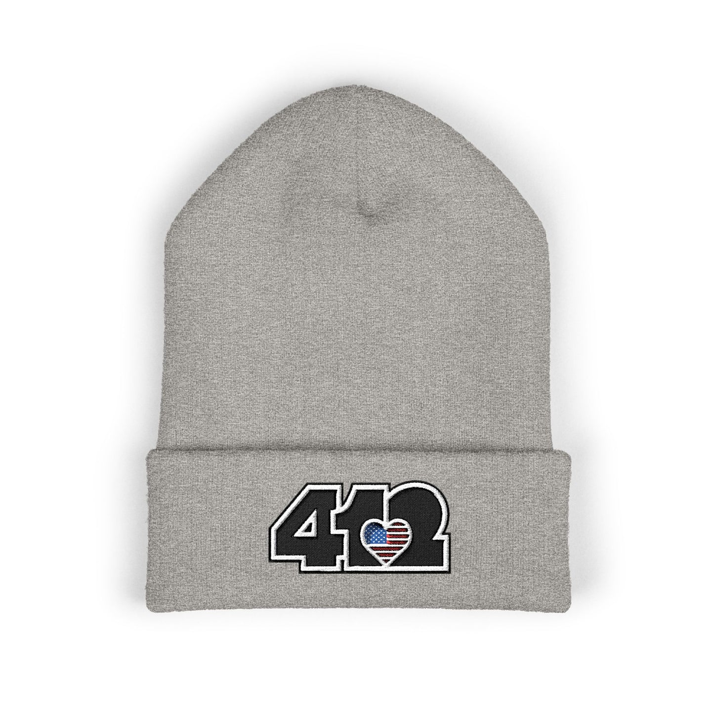 Heather Grey 412 Skull Crown beanie with Stars & Stripes embroidered heart and black logo, channeling Pittsburgh streetwear with regal edge and radiant contrast.