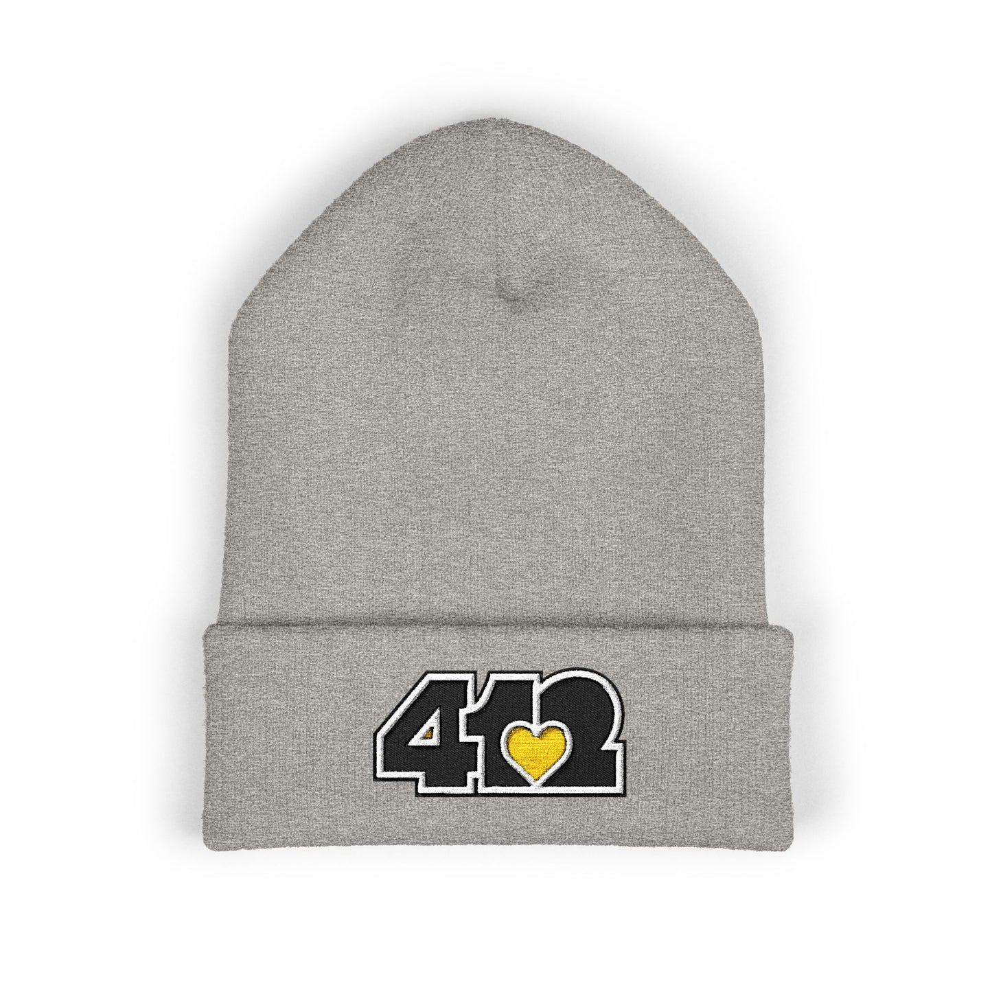 Heather Grey 412 Skull Crown beanie with yellow embroidered heart and black logo, channeling Pittsburgh streetwear with regal edge and radiant contrast.