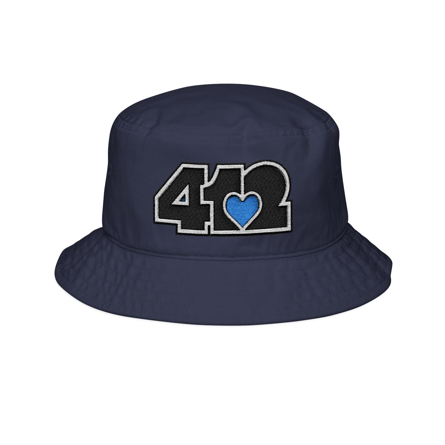 412 Navy Blue Gilligan Crown bucket hat with embroidered blue heart and black 412 logo; sleek Pittsburgh streetwear with a cool, confident vibe.