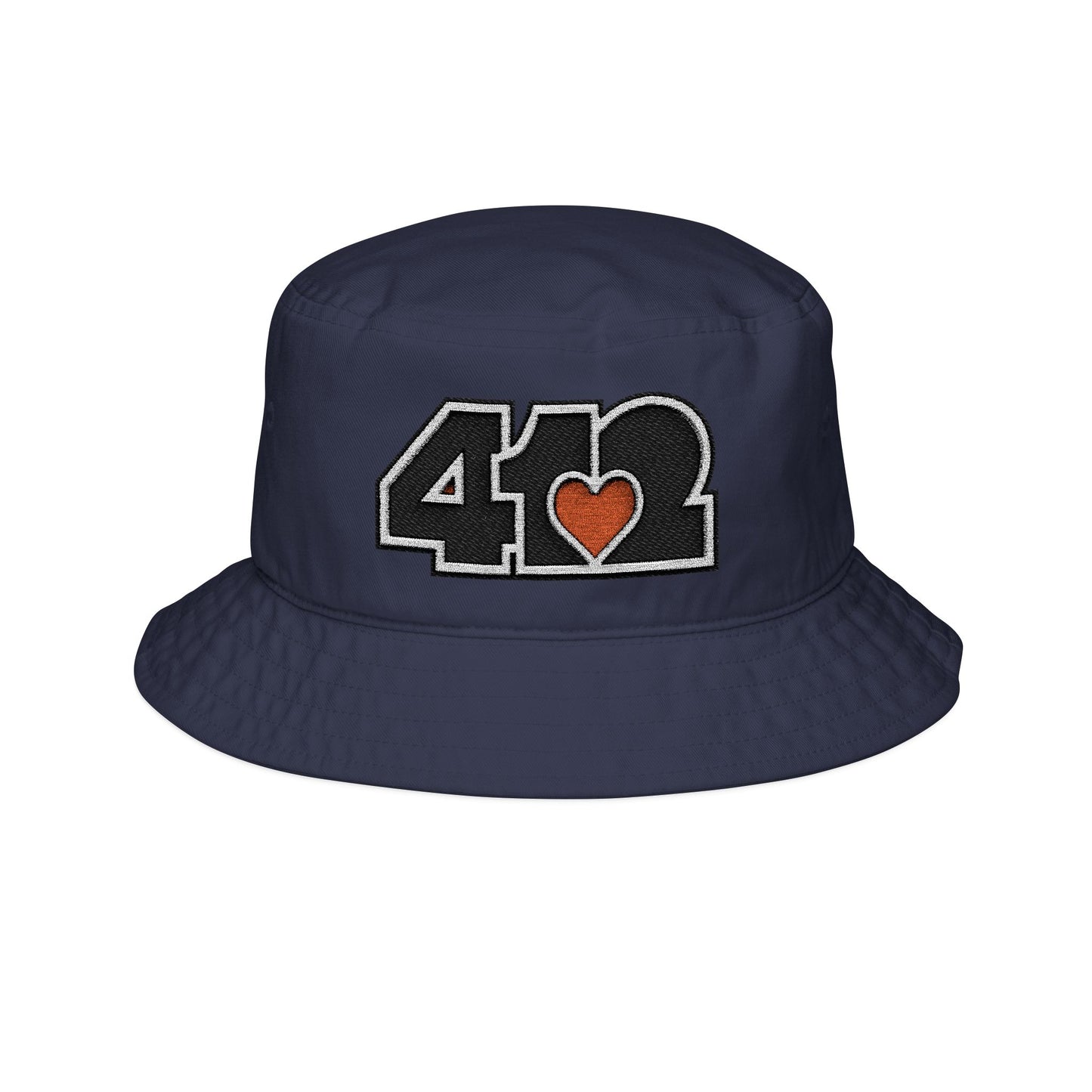 412 Navy Blue Gilligan Crown bucket hat with an embroidered orange heart and black 412 logo; vibrant Pittsburgh streetwear with a warm, confident energy.
