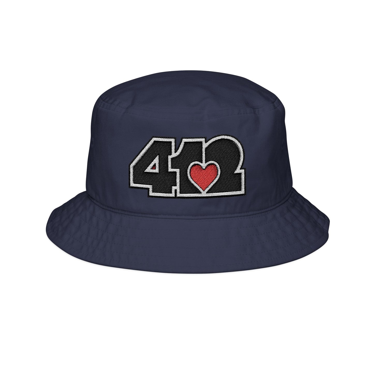 412 Navy Blue Gilligan Crown bucket hat with an embroidered red heart and black 412 logo; vibrant Pittsburgh streetwear with a bold, heartfelt vibe.