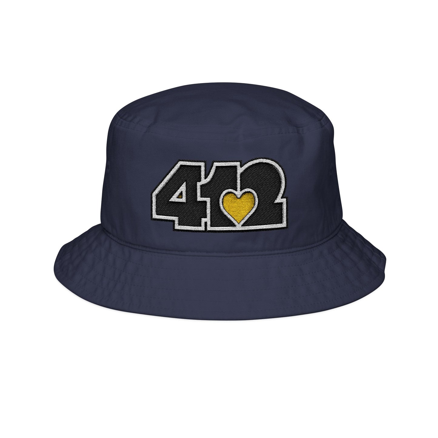 412 Navy Blue Gilligan Crown bucket hat with embroidered yellow heart and black 412 logo; vibrant Pittsburgh streetwear with a sunny, with a sunny, feel-good aesthetic.