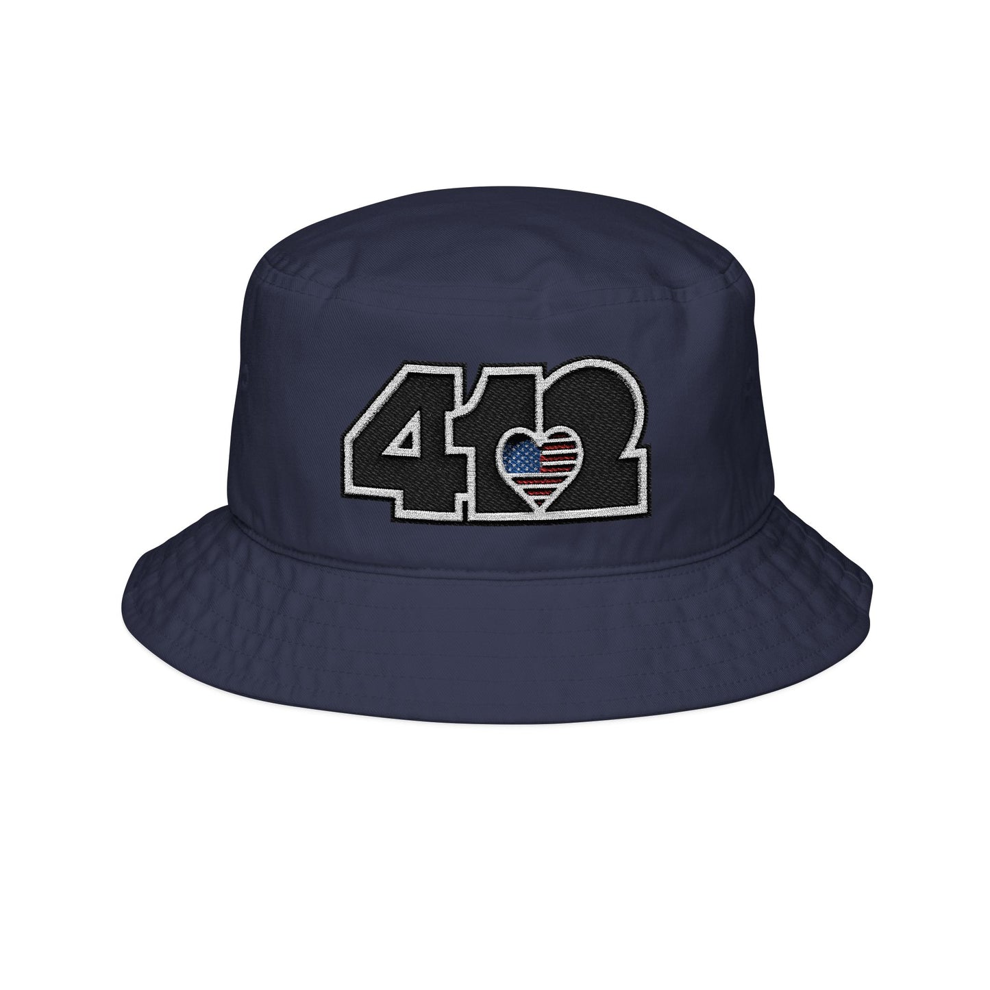 Navy Blue 412 Gilligan Crown bucket hat with embroidered stars and stripes heart and black 412 logo; patriotic streetwear inspired by Pittsburgh culture.