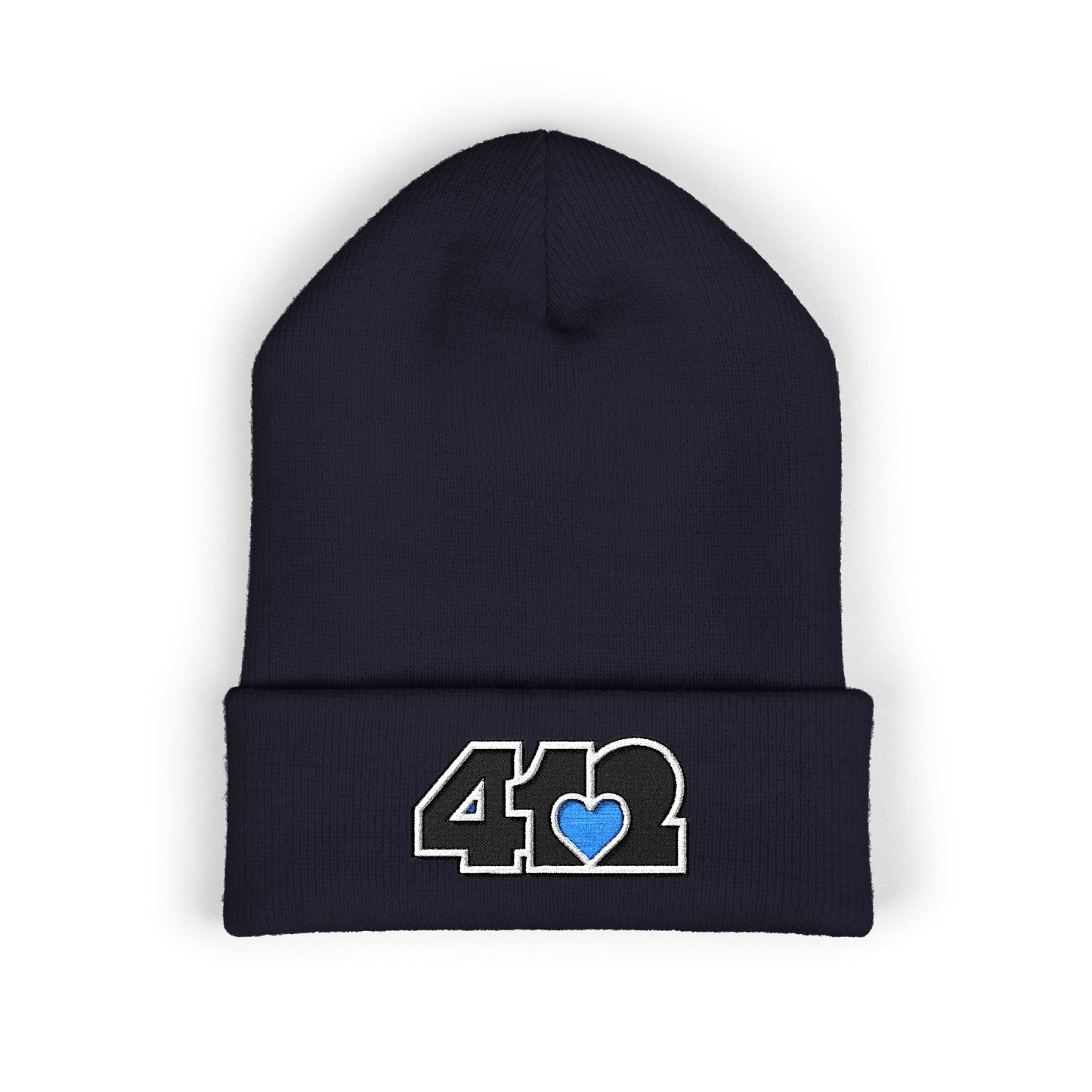 Navy Blue 412 Skull Crown beanie featuring black embroidered logo and blue heart patch — bold Pittsburgh streetwear with royal edge and cool-toned resilience.