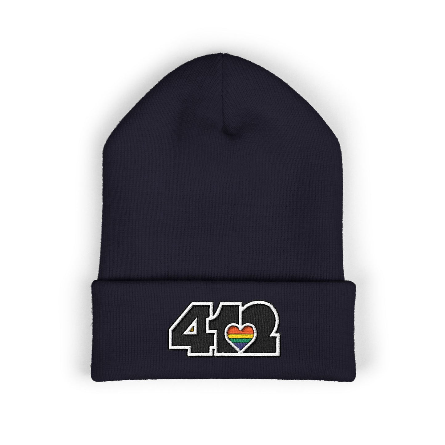 Navy Blue 412 Skull Crown beanie with rainbow heart and black embroidery logo. Pittsburgh made fashion blending Three Rivers energy, and Yinzer grit.