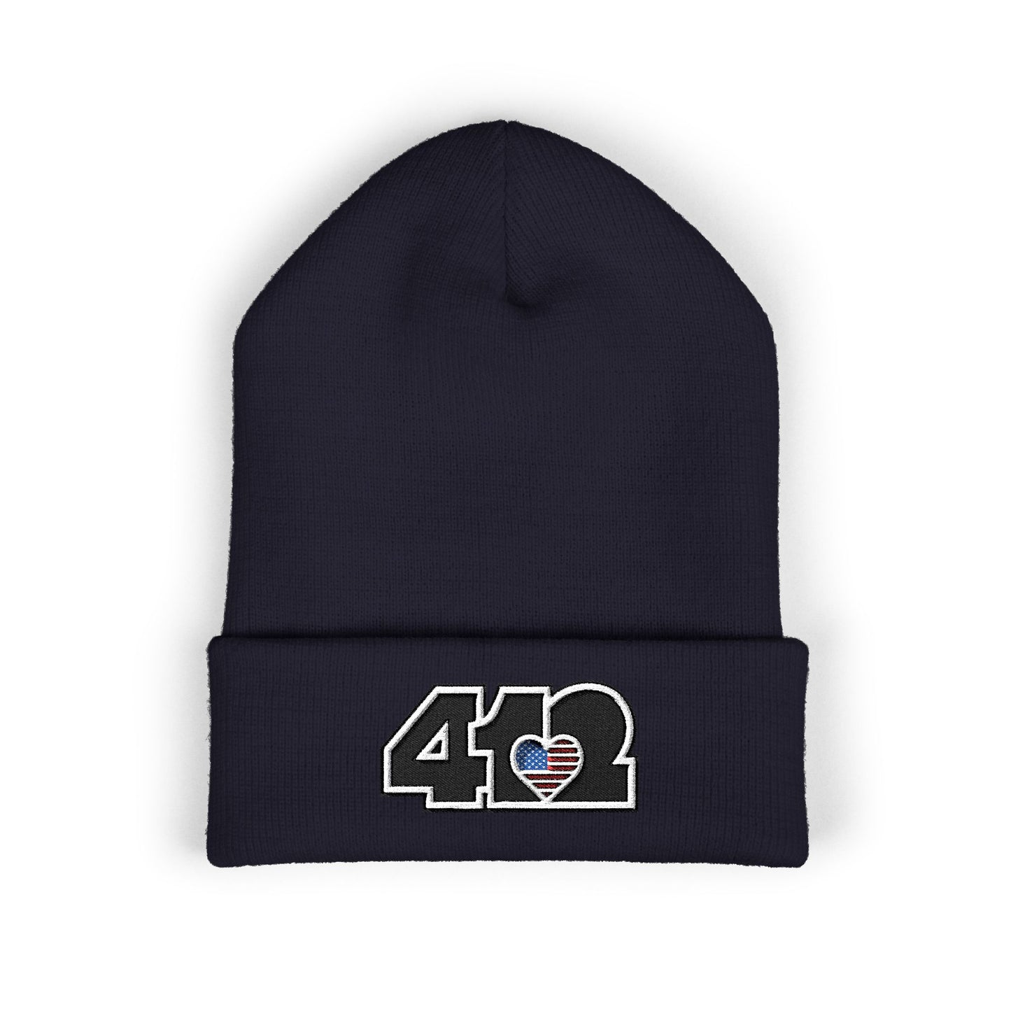 Navy Blue 412 Skull Crown beanie with Stars & Stripes embroidered heart and black logo, channeling Pittsburgh streetwear with regal edge and radiant contrast.