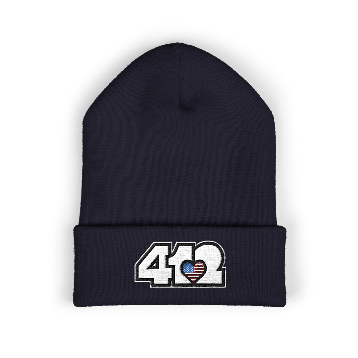 Navy Blue 412 Skull Crown beanie with Stars & Stripes embroidered heart and white logo, channeling Pittsburgh streetwear with regal edge and radiant contrast.