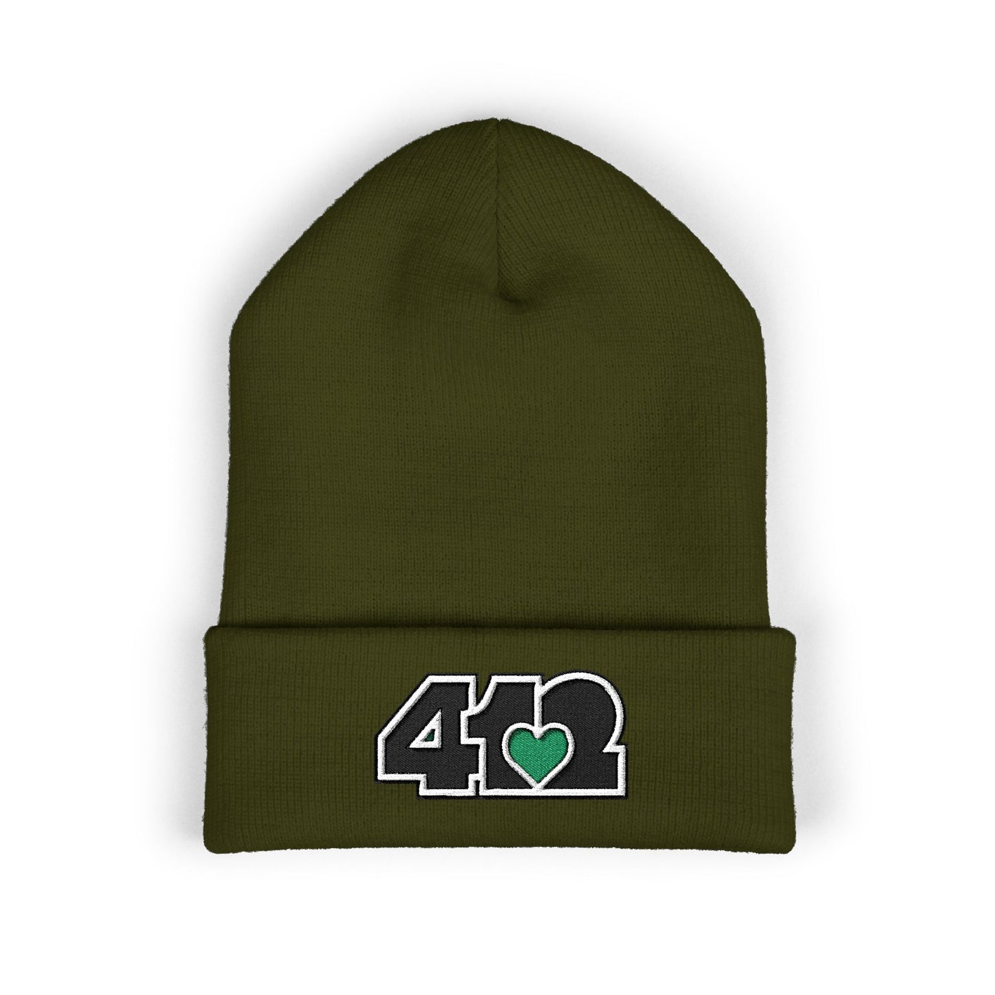 Olive 412 Skull Crown beanie with green heart embroidery and black logo. Pittsburgh-born streetwear merging Yinzer energy, and bold urban style.