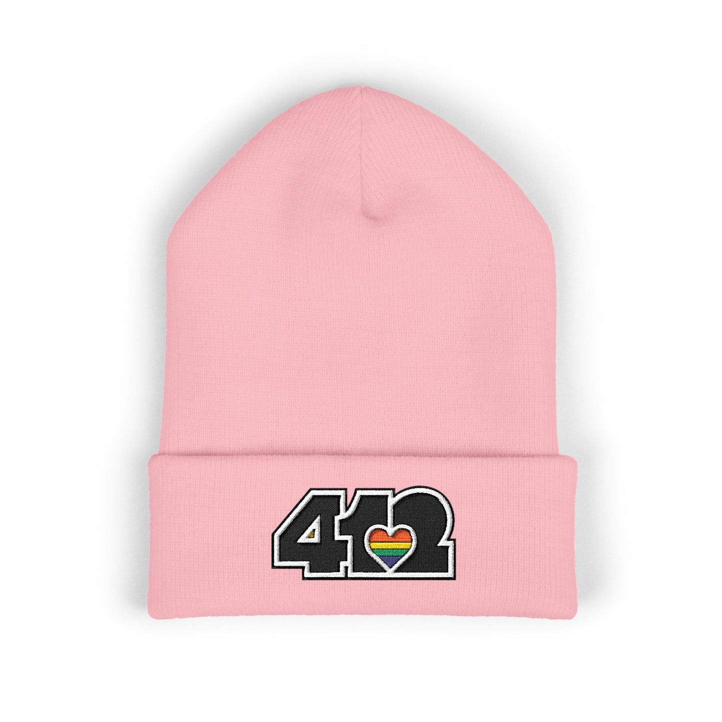 Pink 412 Skull Crown beanie with rainbow heart and black embroidery logo. Pittsburgh made fashion blending Three Rivers energy, and Yinzer grit.