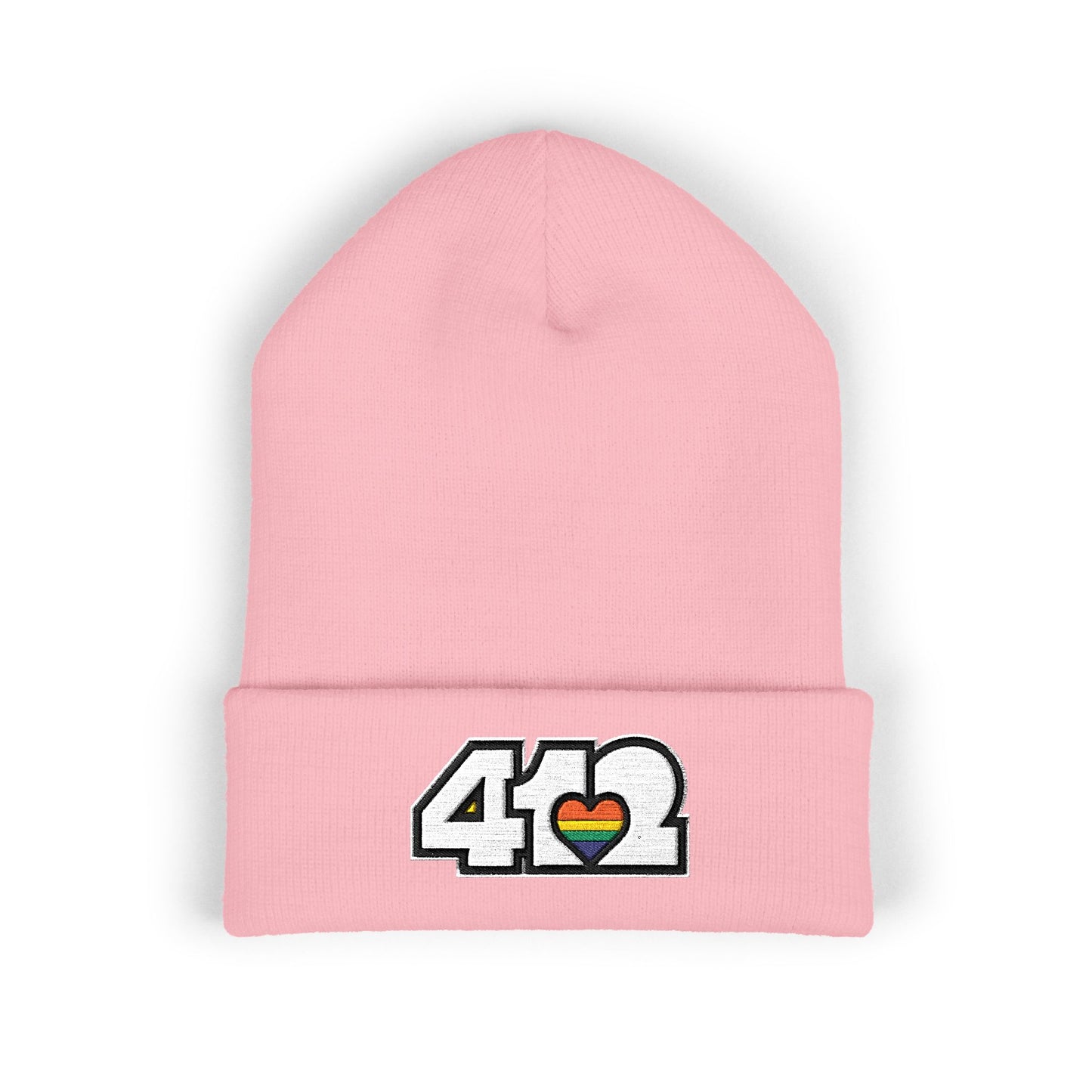 Pink 412 Skull Crown beanie with rainbow heart and white embroidery logo. Pittsburgh made fashion blending Three Rivers energy, and Yinzer grit.