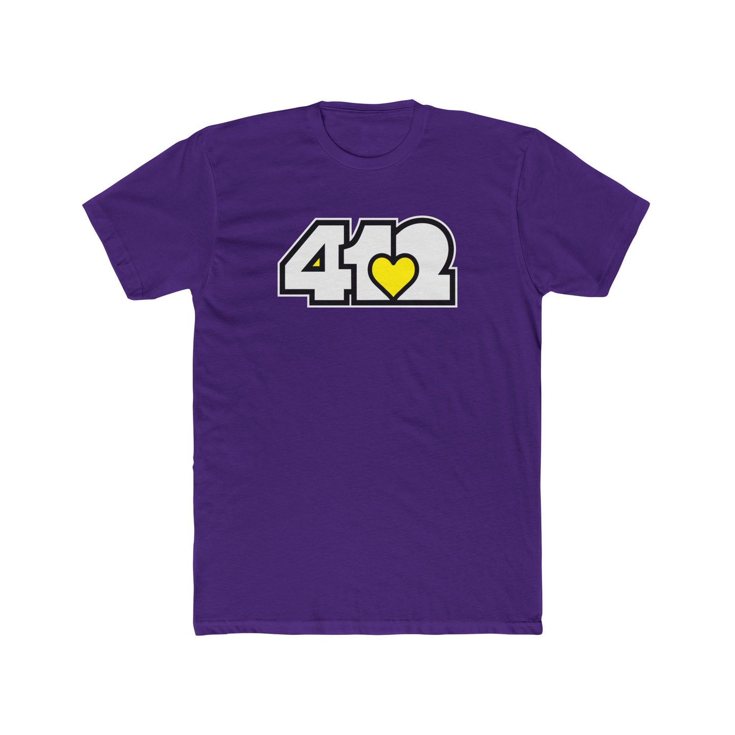 Purple contoured yellow heart tee with white 412 logo – Pittsburgh-inspired apparel for soulful expression.