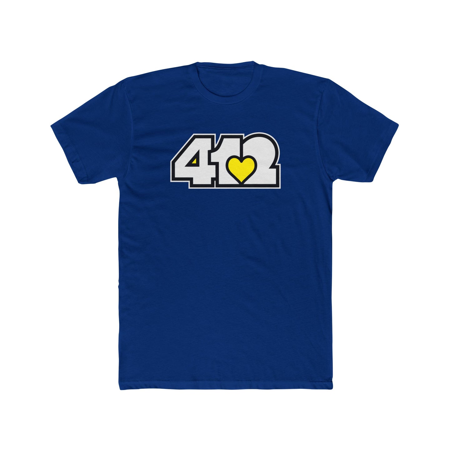 Royal Blue contoured yellow heart tee with white 412 logo – Pittsburgh-inspired apparel for soulful expression.