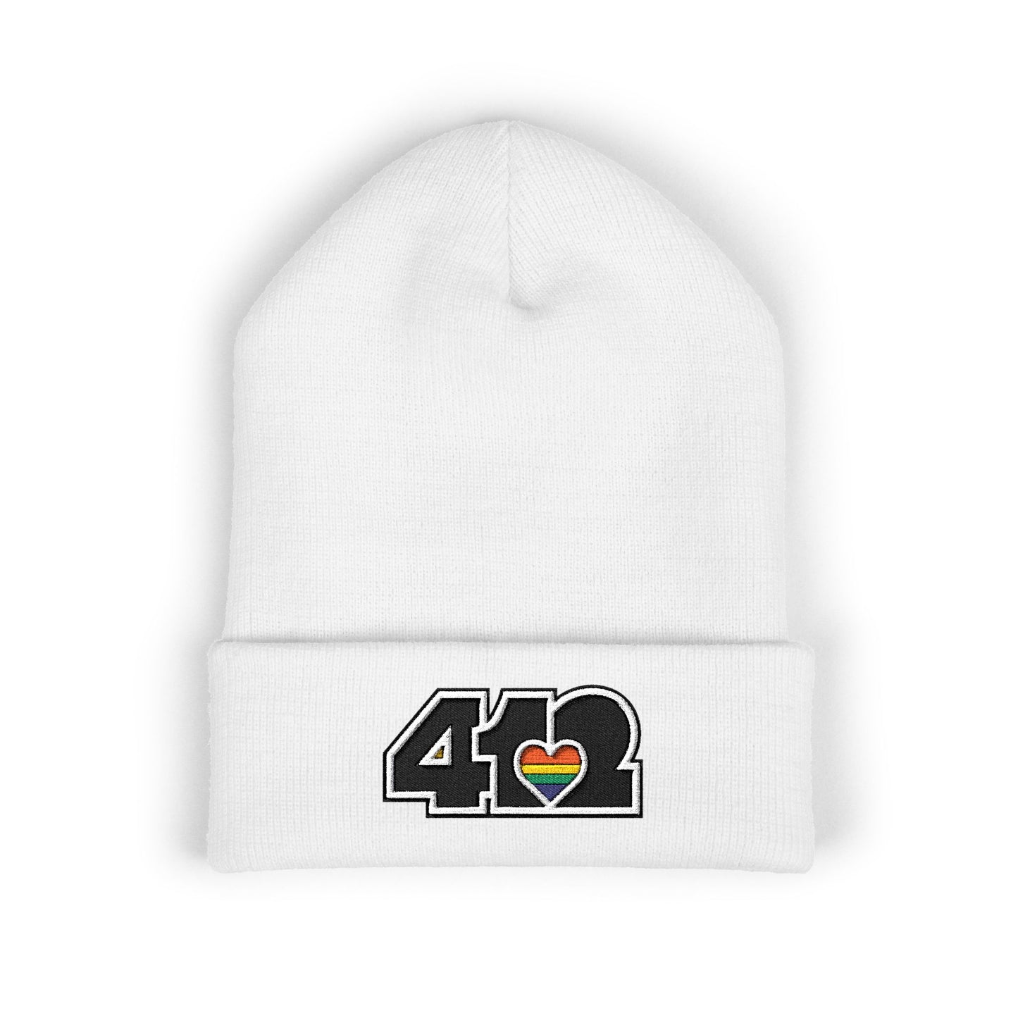 White 412 Skull Crown beanie with rainbow heart and black embroidery logo. Pittsburgh made fashion blending Three Rivers energy, and Yinzer grit.