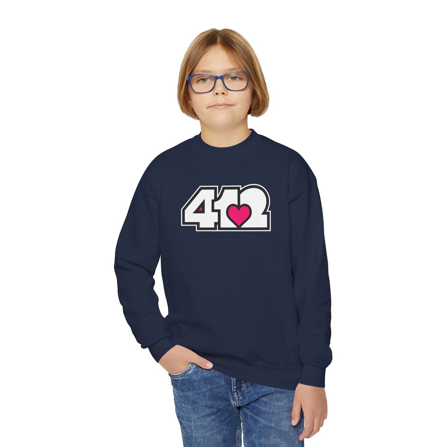 412 Crew Neck Youth Sweatshirt - Pink Heart, White Logo