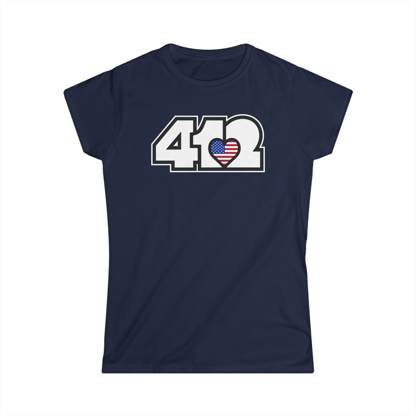 412 Women's Softstyle Tee - Stars & Stripes Heart, White Logo