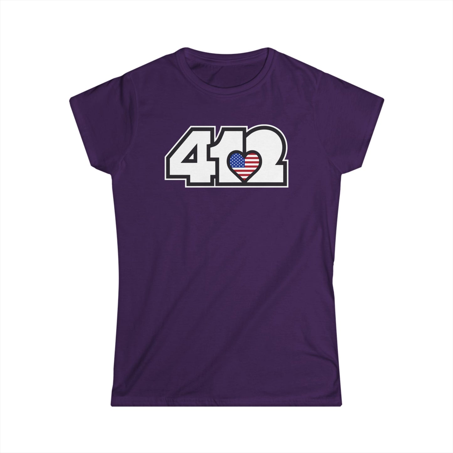 412 Women's Softstyle Tee - Stars & Stripes Heart, White Logo