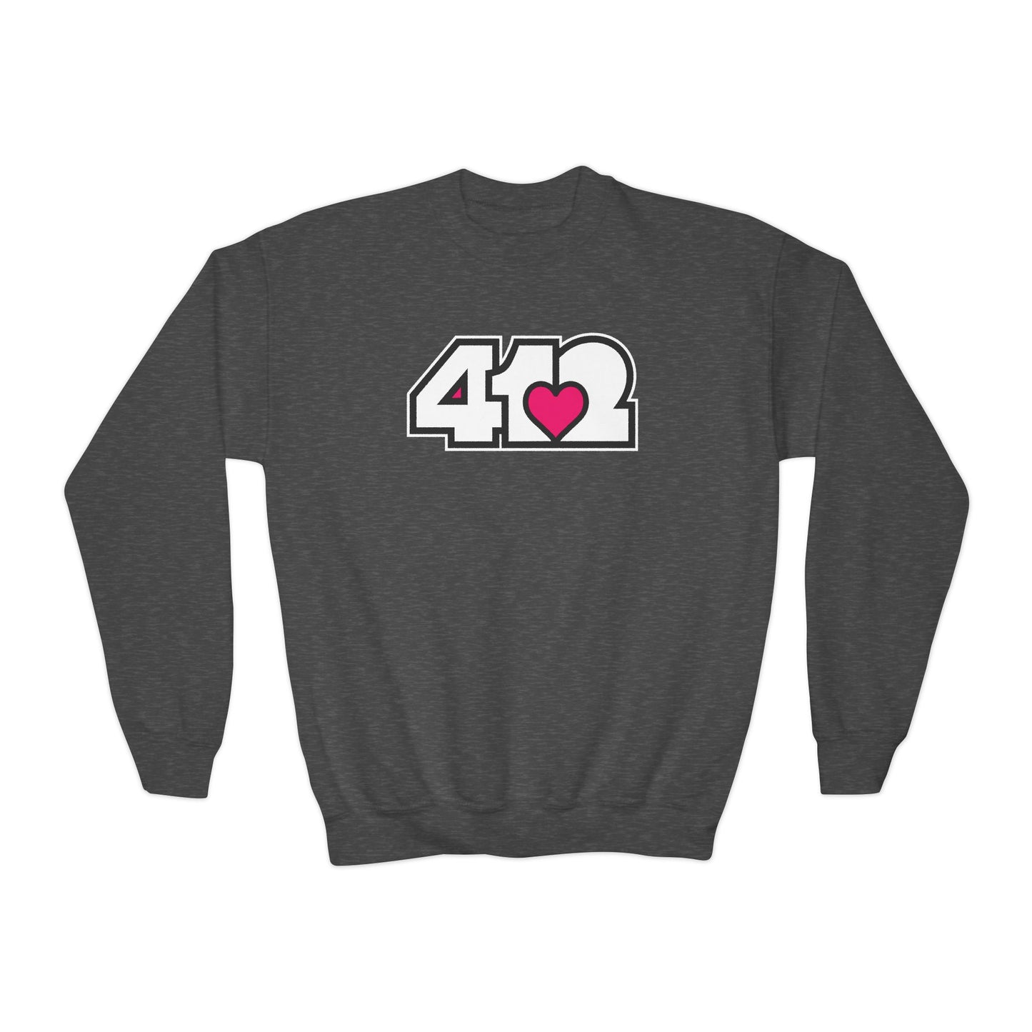 412 Crew Neck Youth Sweatshirt - Pink Heart, White Logo
