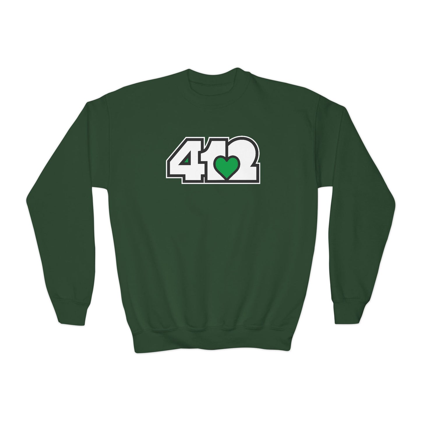 412 Crew Neck Youth Sweatshirt - Green Heart, White Logo