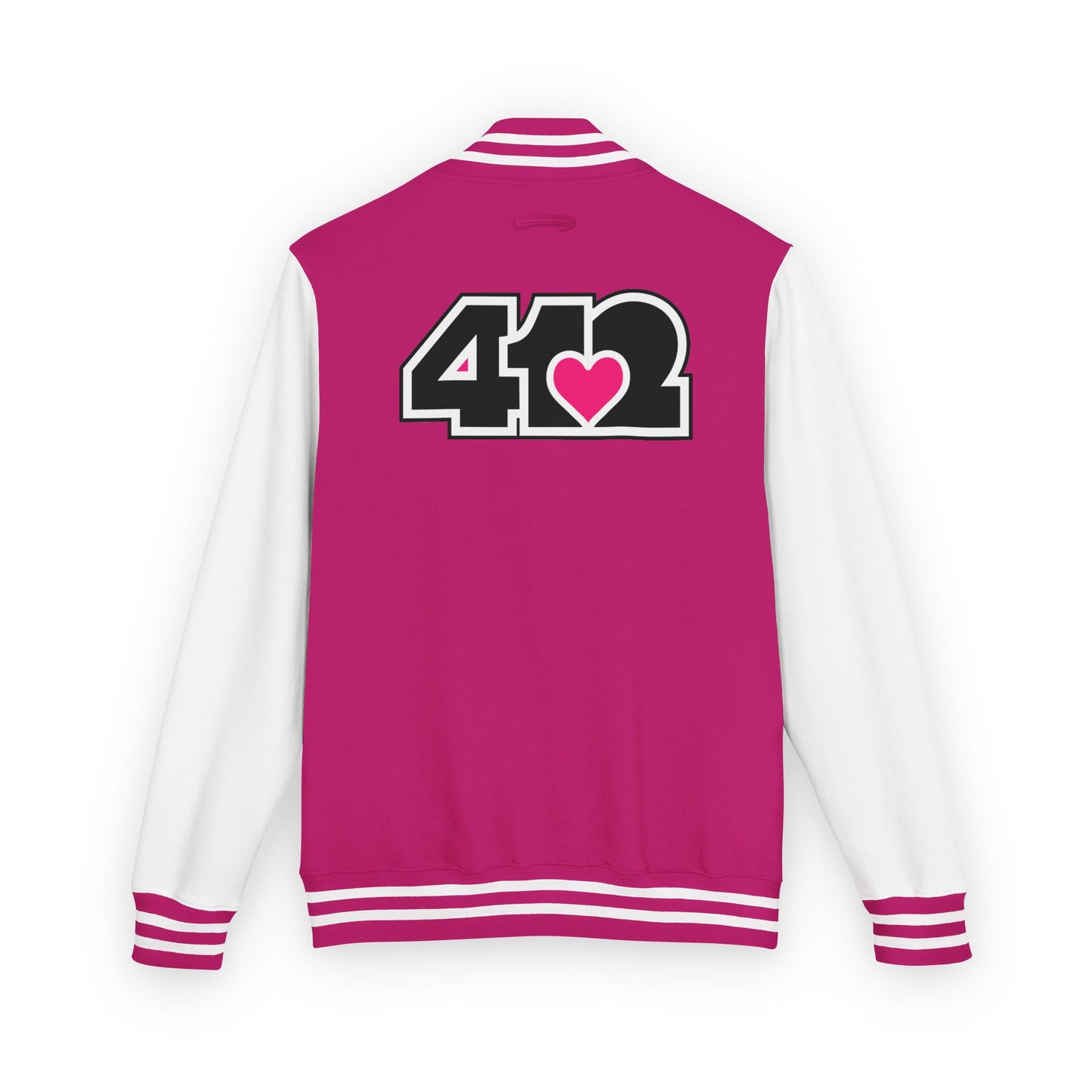 412 Embroidered Letterman Jacket - Pink Heart, Black Logo