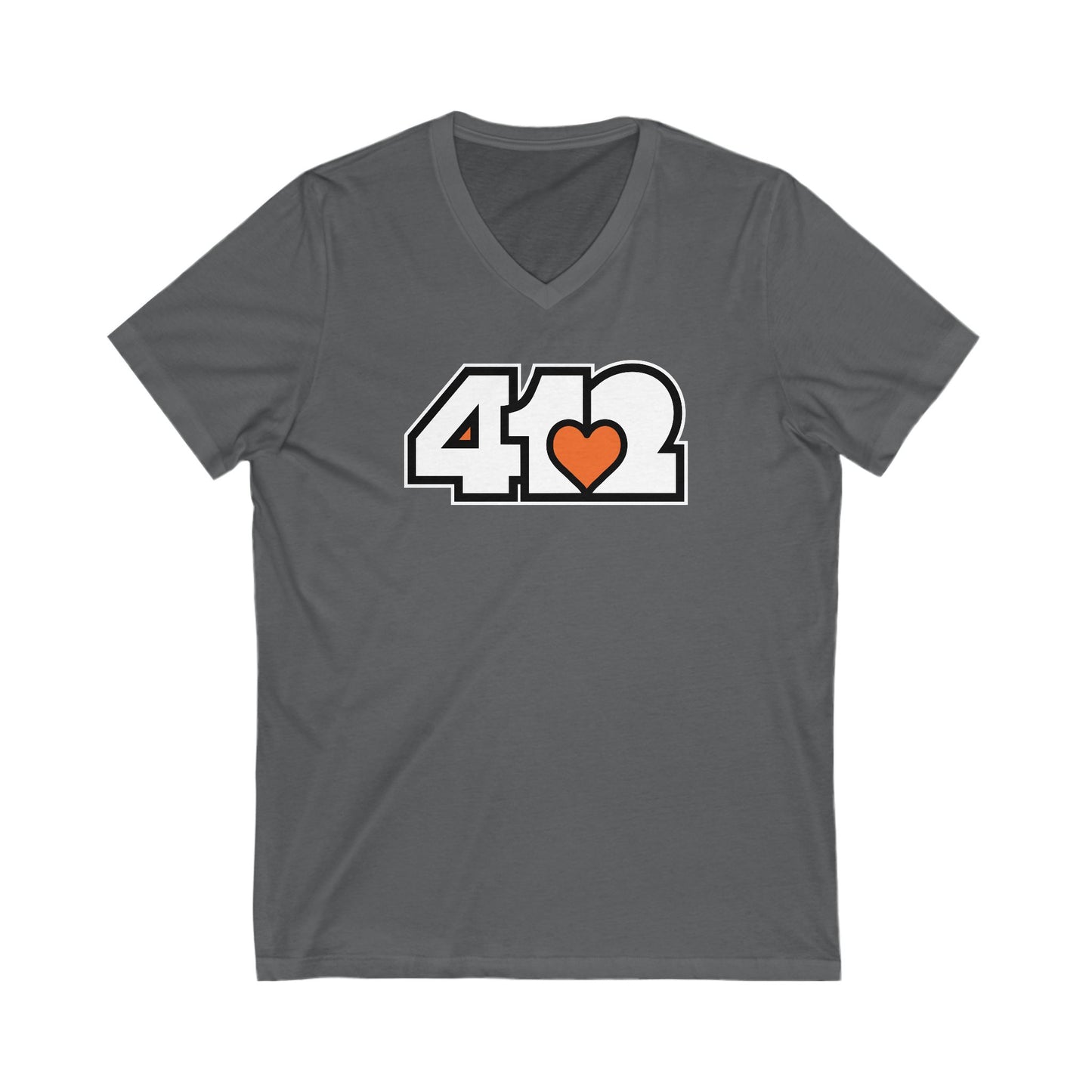 412 Women's V-Neck - Orange Heart, White Logo
