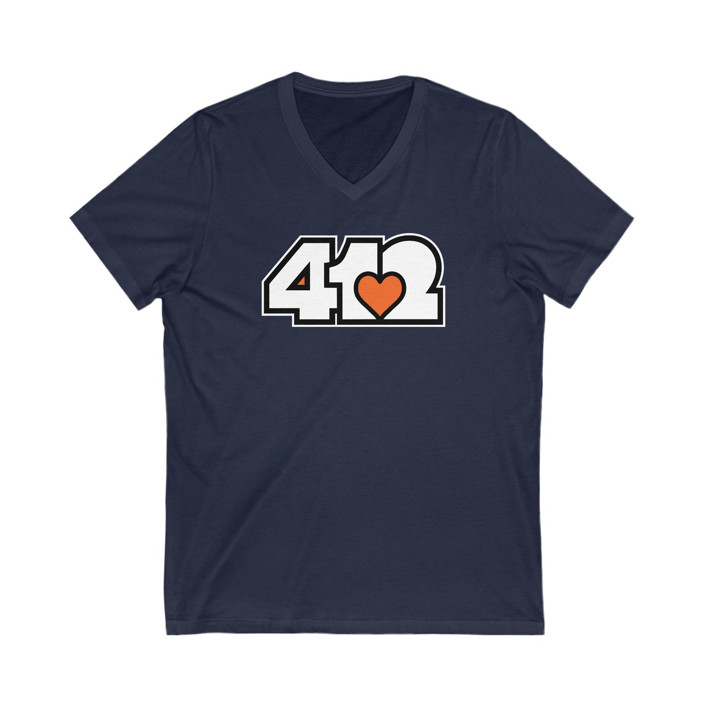 412 Women's V-Neck - Orange Heart, White Logo