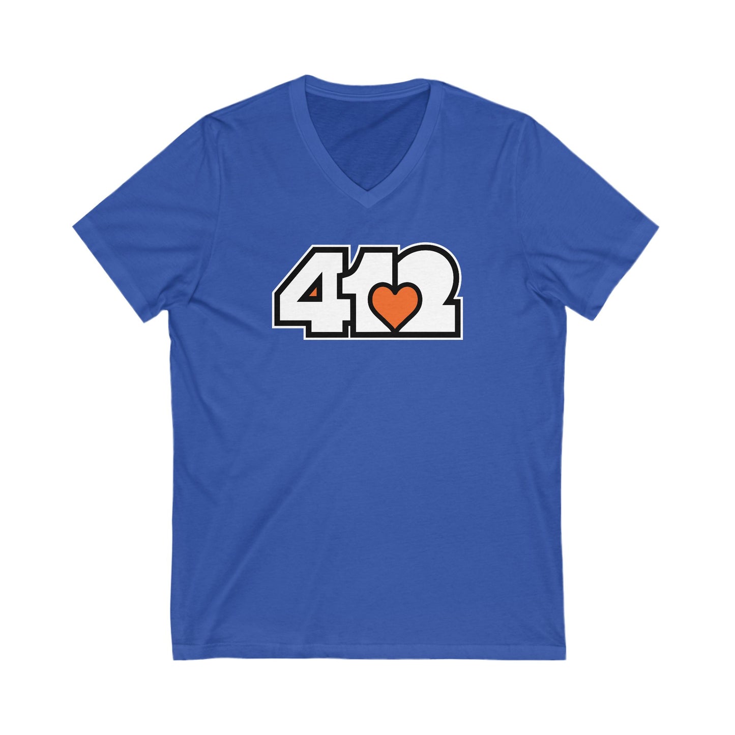 412 Women's V-Neck - Orange Heart, White Logo