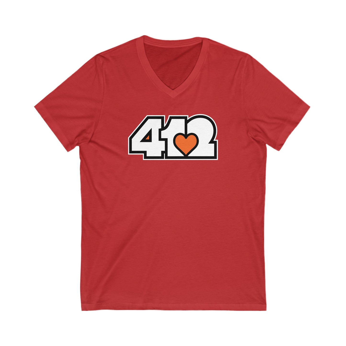 412 Women's V-Neck - Orange Heart, White Logo