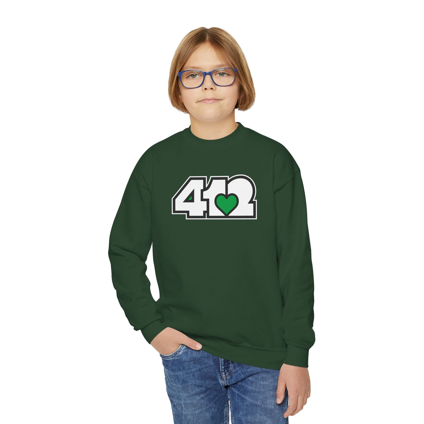 412 Crew Neck Youth Sweatshirt - Green Heart, White Logo
