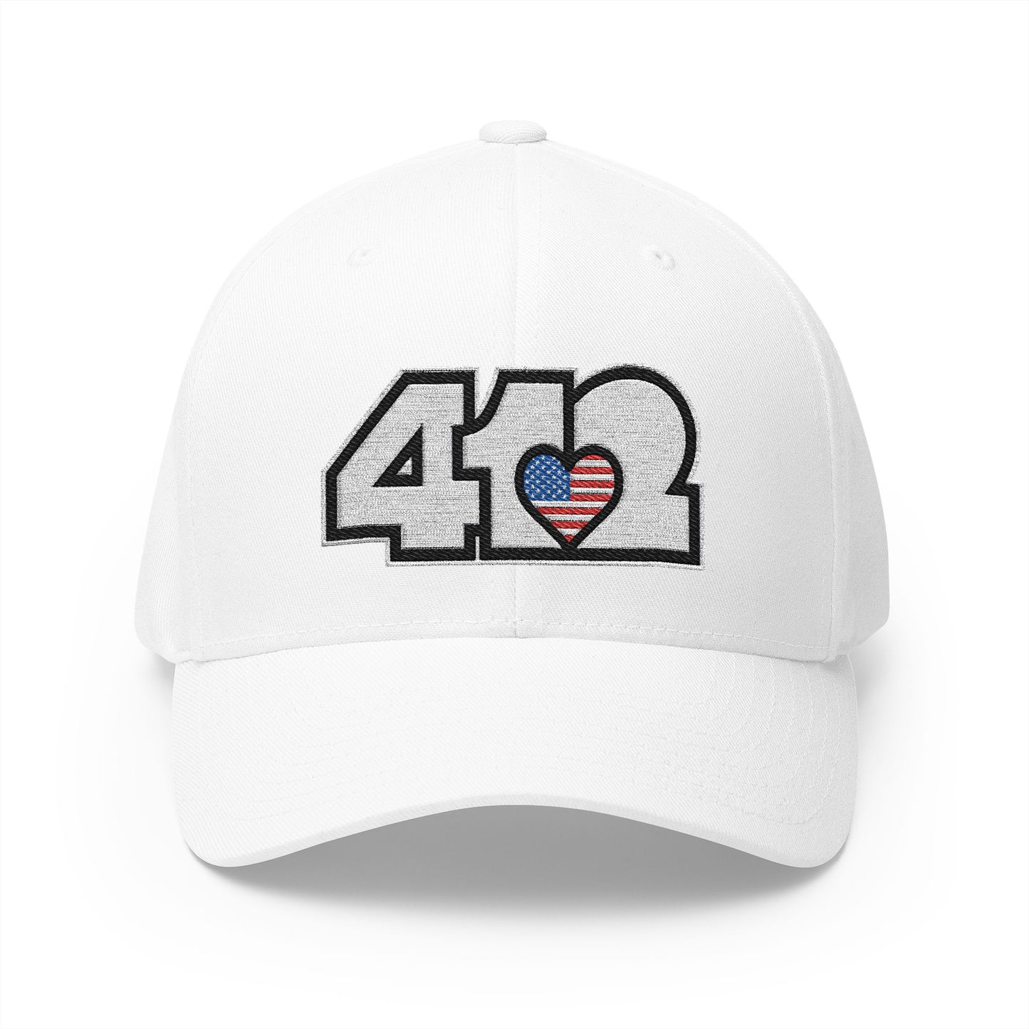 412 Stretch Fit Crown - Embroidered Stars & Stripes Heart, White Logo