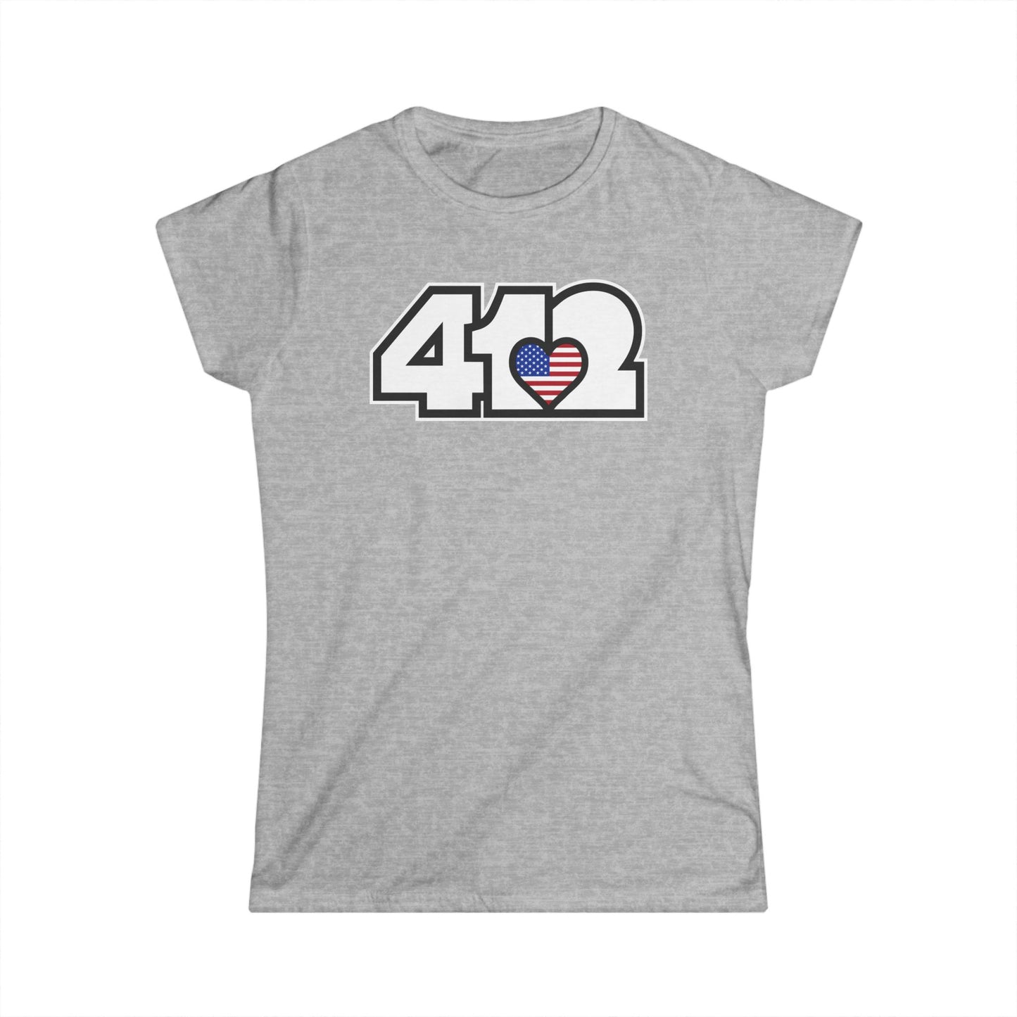 412 Women's Softstyle Tee - Stars & Stripes Heart, White Logo