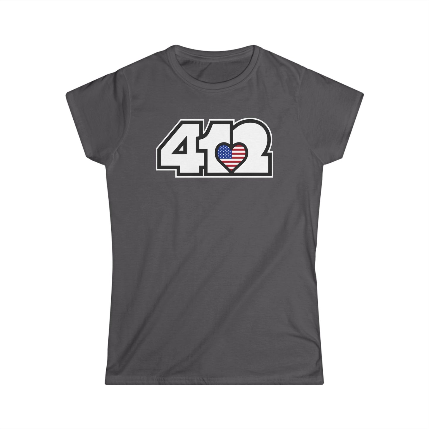 412 Women's Softstyle Tee - Stars & Stripes Heart, White Logo