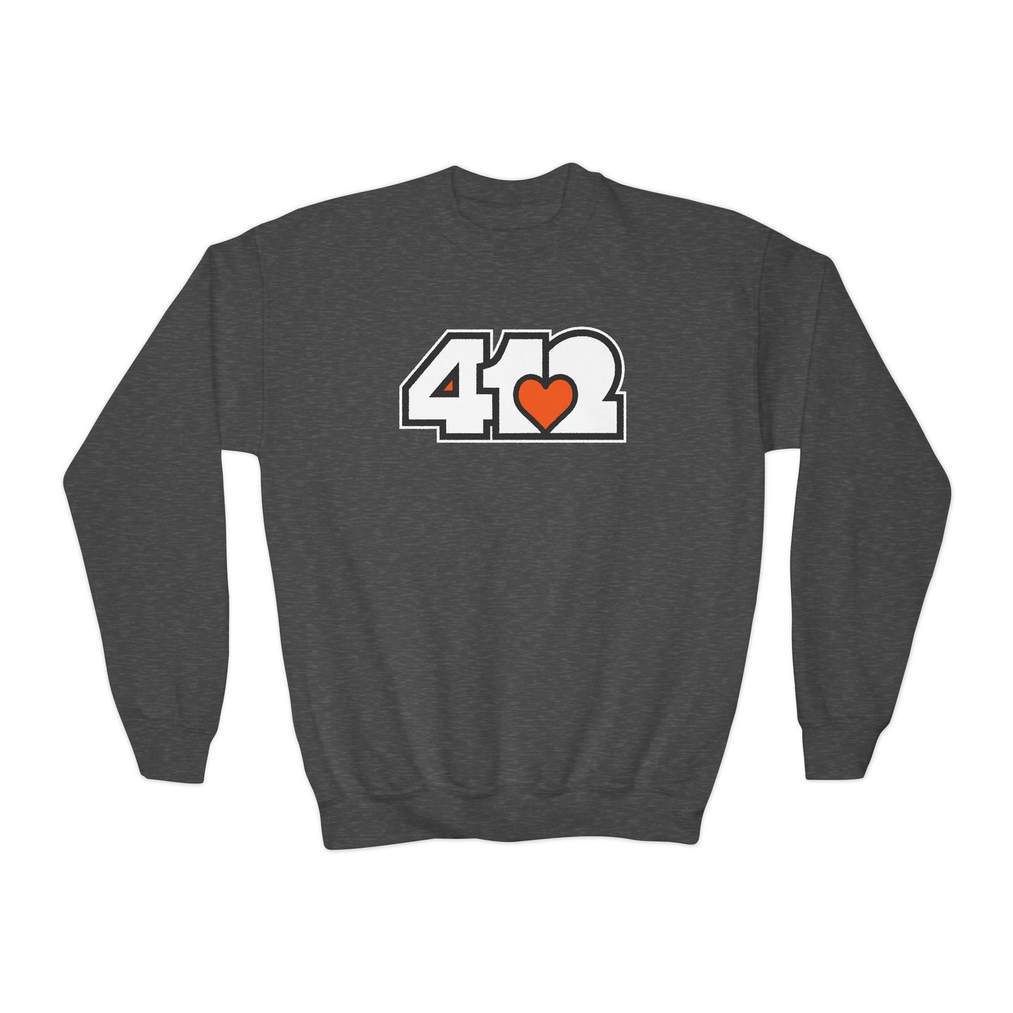412 Crew Neck Youth Sweatshirt - Orange Heart, White Logo