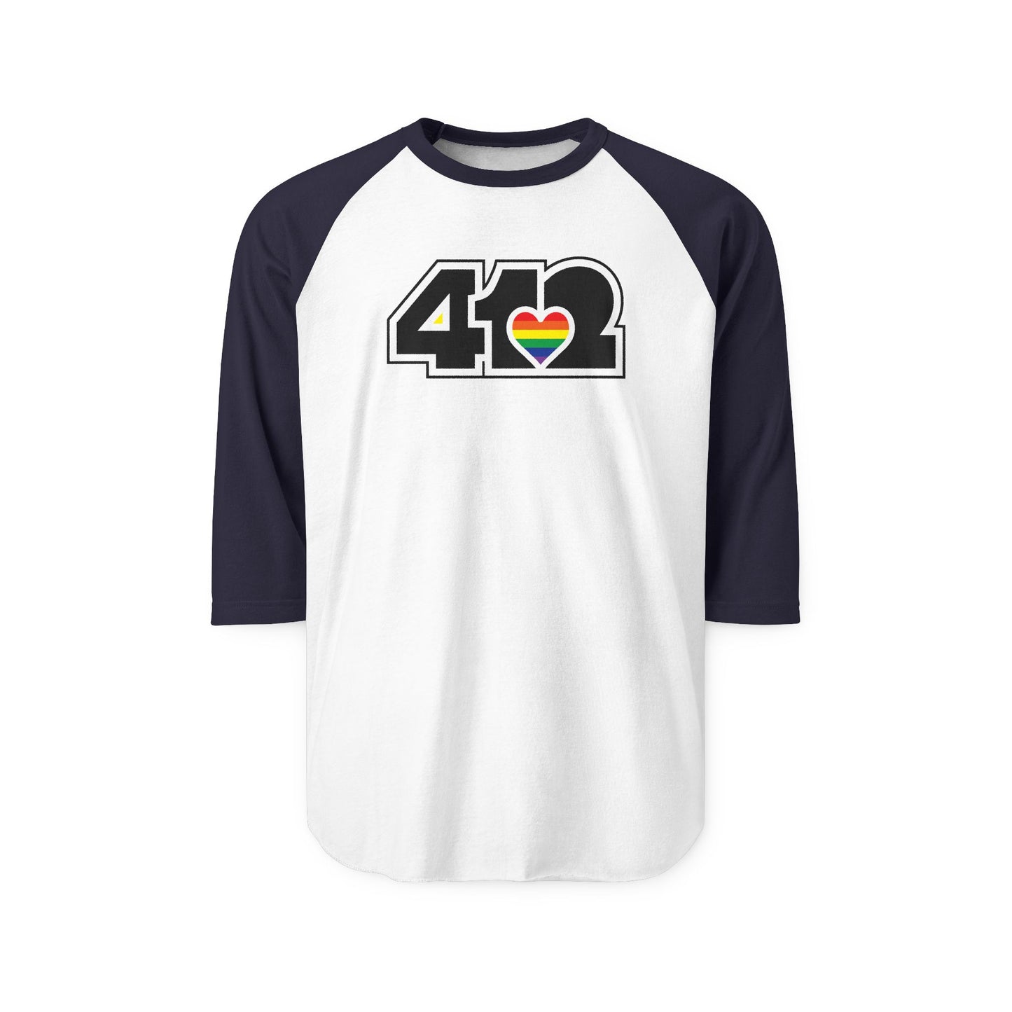 412 Raglan Baseball Tee - Rainbow Heart, Black Logo