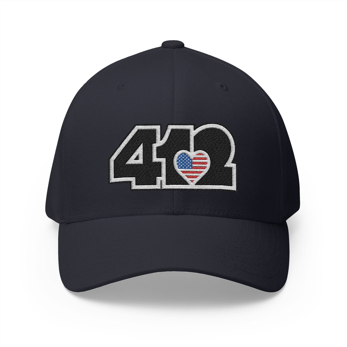 412 Stretch Fit Crown - Embroidered Stars & Stripes Heart, Black Logo