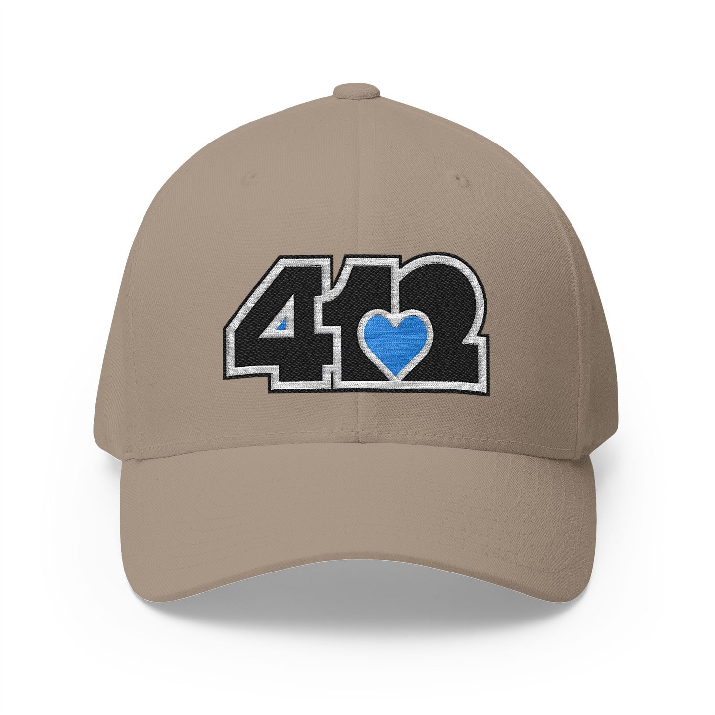 412 Stretch Fit Crown - Embroidered Blue Heart, Black Logo