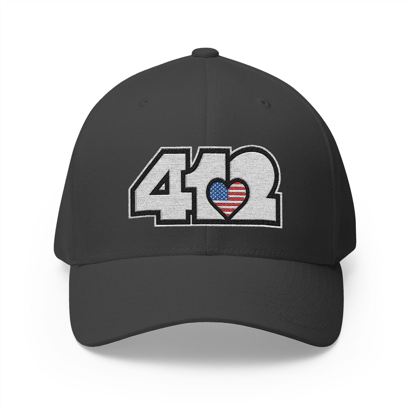 412 Stretch Fit Crown - Embroidered Stars & Stripes Heart, White Logo