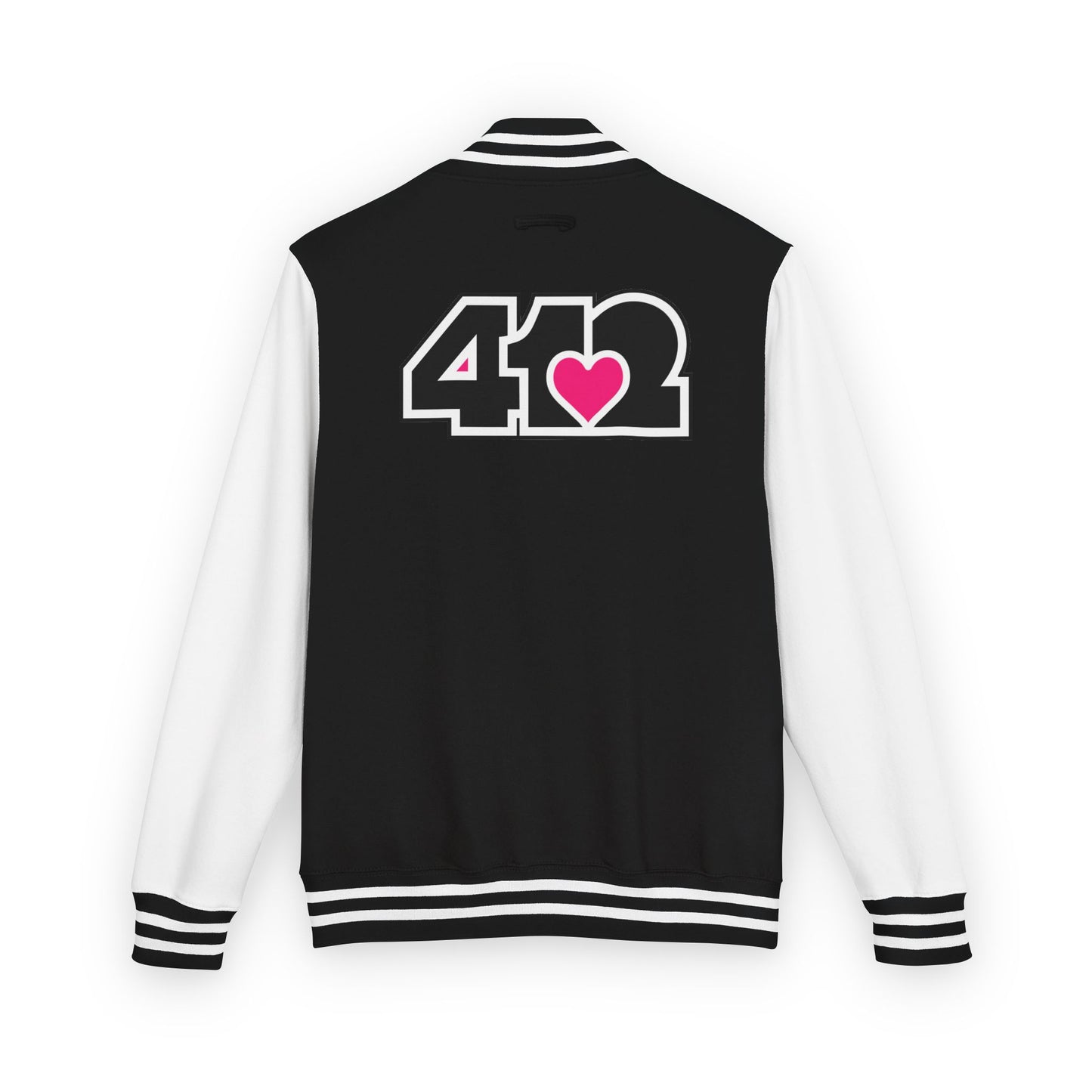 412 Embroidered Letterman Jacket - Pink Heart, Black Logo