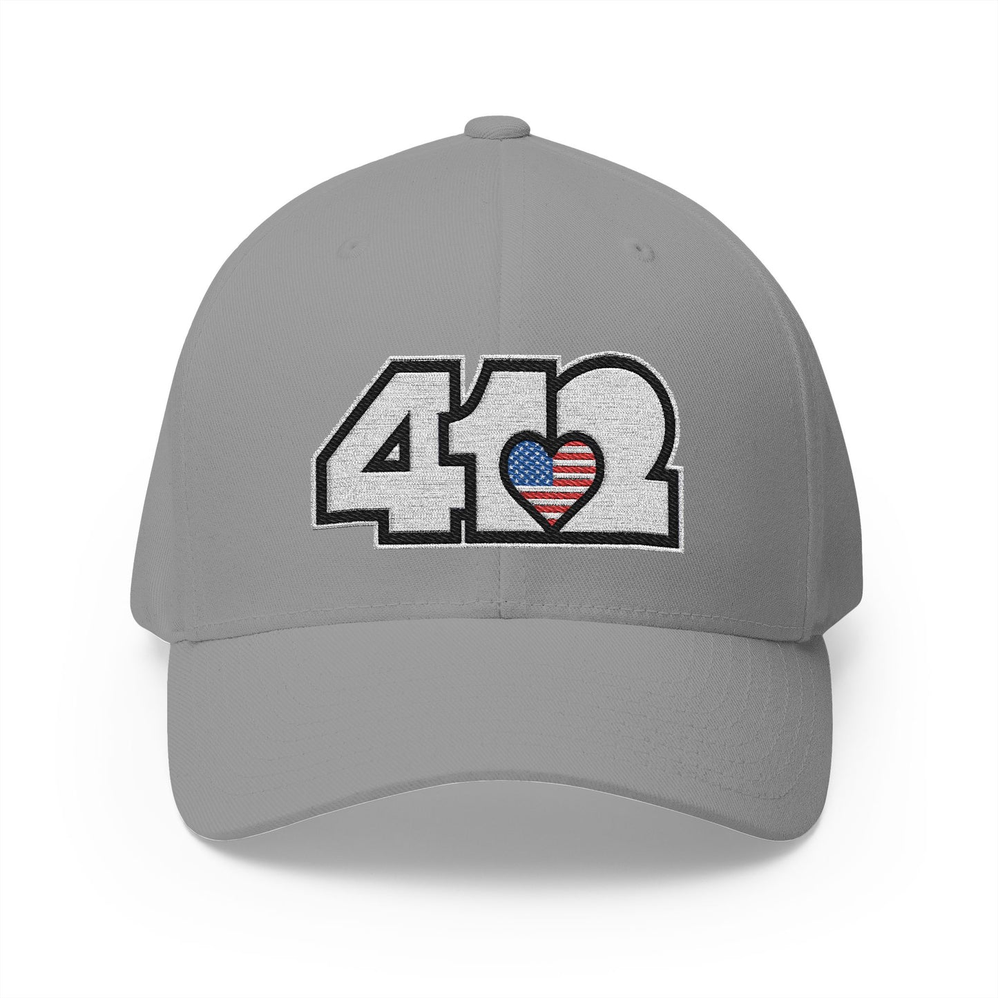 412 Stretch Fit Crown - Embroidered Stars & Stripes Heart, White Logo